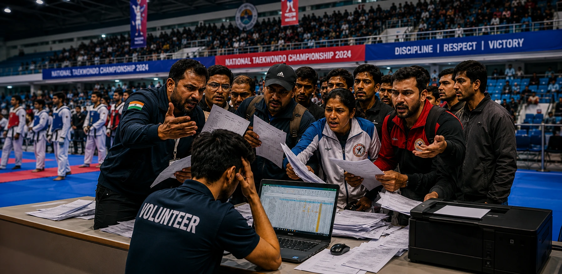 Exhausted tournament organiser with head in hands over a laptop and scattered papers