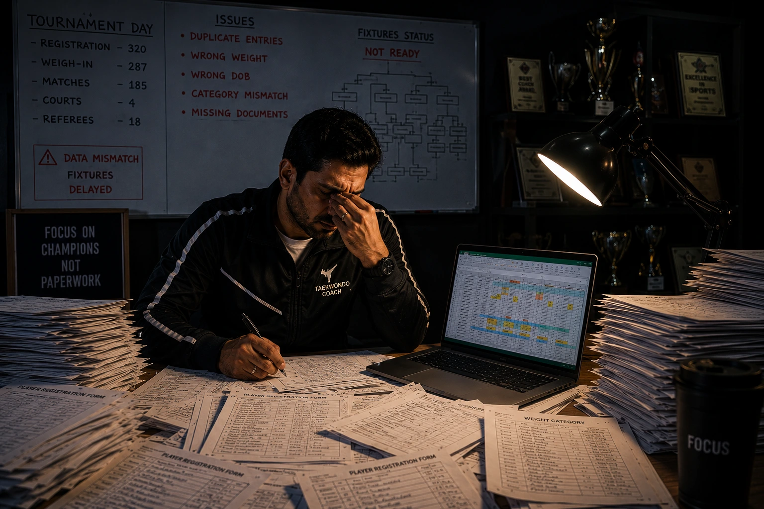 Stacks of paper entry forms piled on a desk before a Taekwondo tournament